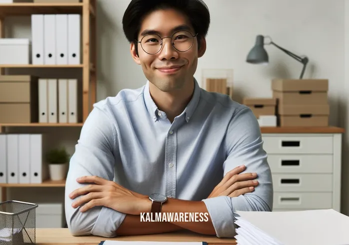 5 senses method shifting _ Image: An organized desk with neatly stacked papers and a person smiling in satisfaction. Image description: A tidy desk with neatly arranged papers, and the person looking content and accomplished.