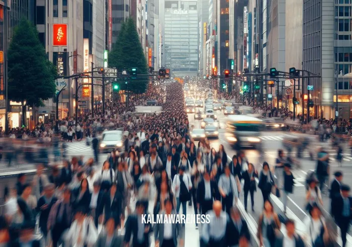 a state of calm _ Image: A crowded city street during rush hour, people hurrying in all directions. Image description: Commuters in a bustling metropolis, rushing amidst traffic and noise.