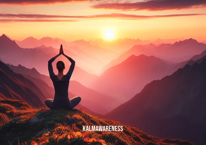 a state of calm _ Image: A person practicing yoga on a mountaintop, overlooking a breathtaking sunset. Image description: An individual in a yoga pose, finding solace amid the majestic mountains.