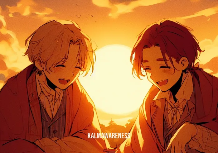 affectionate breathing _ Image: The two of them converse, sharing stories and laughter under a setting sun. Image description: Their bond grows stronger, filling the evening with warmth and affection.