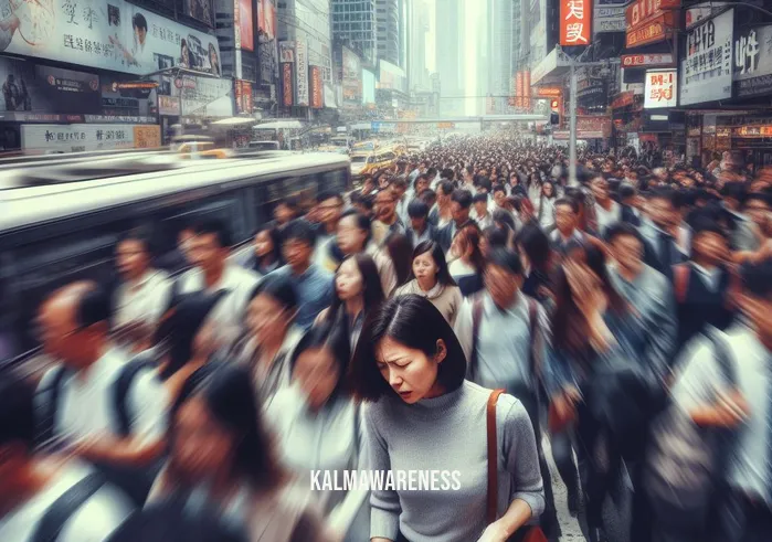 anchor breath _ Image: A crowded, noisy city street during rush hour, with people rushing past each other, looking stressed and anxious.Image description: A chaotic urban scene, bustling with commuters, honking cars, and flashing billboards.