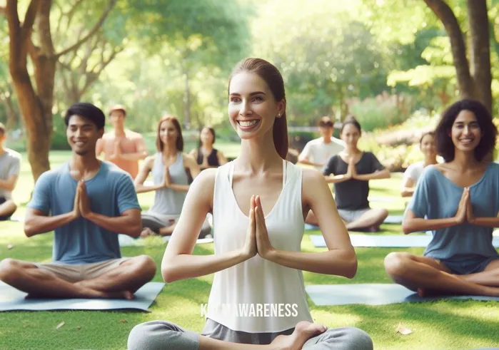 anchor breath _ Image: A group of people in a park, practicing yoga and meditation in a peaceful, green environment, with smiles on their faces.Image description: A harmonious gathering of individuals engaged in relaxation exercises amidst nature.