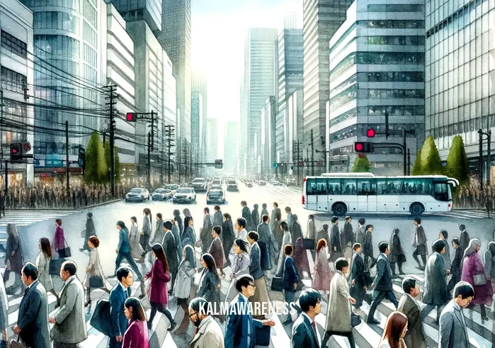 beyond breath art of living _ Image: A crowded, noisy city street filled with people rushing around, looking stressed and anxious. Image description: The cityscape is bustling with people, and the atmosphere is tense and chaotic.