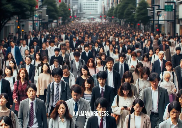 buddhist sound 5 min _ Image: A bustling city street filled with people rushing by, their faces showing signs of stress and anxiety. Image description: The urban chaos of a crowded street, people in a hurry, and a palpable sense of tension.