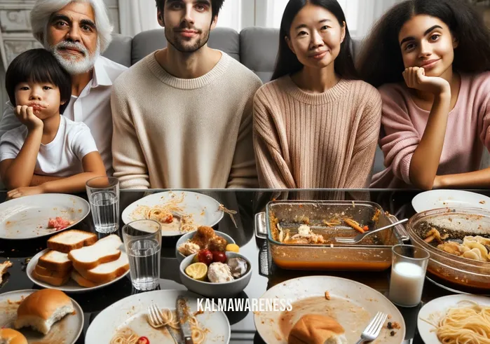 can you meditate after eating _ Image: The same dining table, now cluttered with empty plates and leftovers. Image description: The family members appear satisfied but slightly sluggish after their meal.