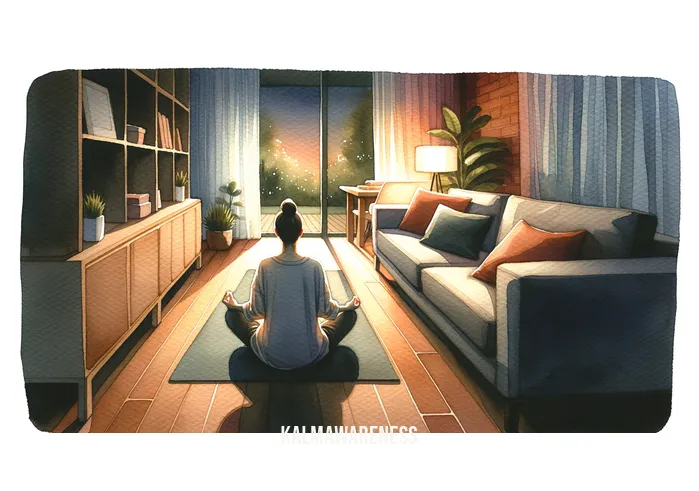 can you meditate after eating _ Image: A serene living room with soft lighting and yoga mats laid out. Image description: A woman in comfortable clothing sits cross-legged, taking a deep breath to prepare for meditation.