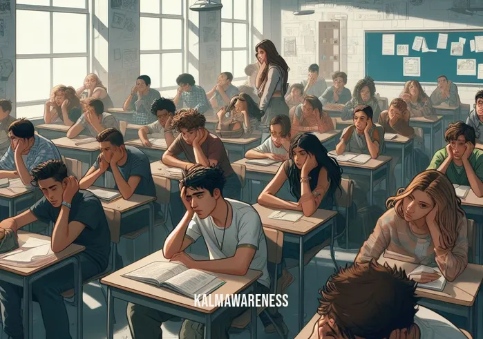 holistic life foundation _ Image: A crowded inner-city classroom with disengaged students, some looking bored, others frustrated. Image description: Overcrowded, run-down classroom with unmotivated students.