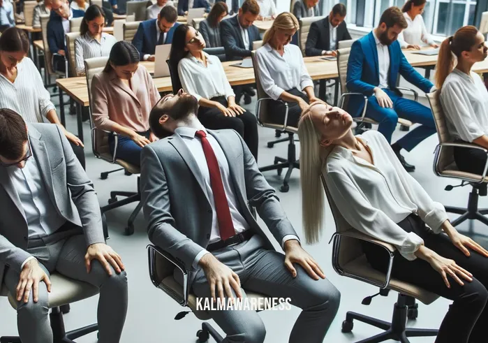 meditation office chair with back _ Image: A busy office with employees hunched over their desks, straining their backs. Image description: The office is filled with people sitting on uncomfortable chairs, their backs curved forward, and stress evident on their faces.
