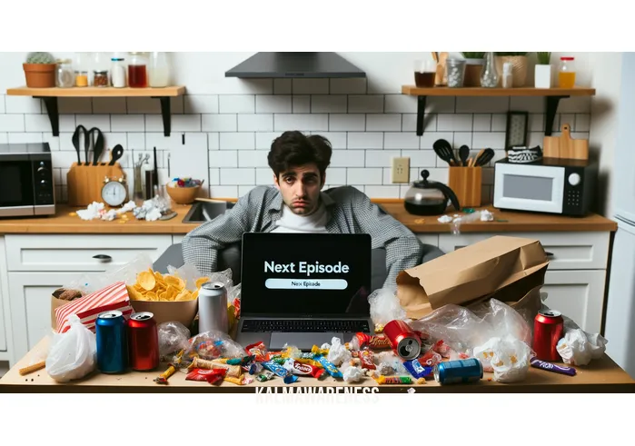 mindfully your cravings _ Image: A cluttered kitchen counter with empty junk food wrappers, a laptop showing a binge-watching screen, and a stressed person slouched in front of it. Image description: A chaotic scene of temptation and distraction.