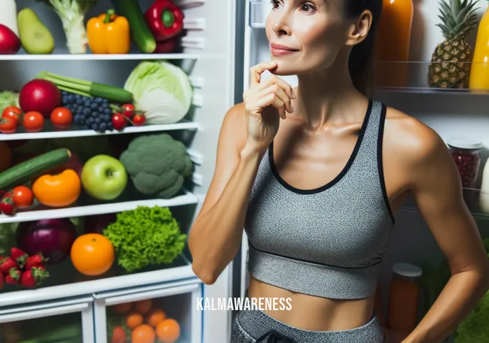mindfully your cravings _ Image: A person in workout clothes standing in front of an open refrigerator filled with fresh fruits and vegetables, contemplating their choices. Image description: A moment of pause and reflection in the face of cravings.