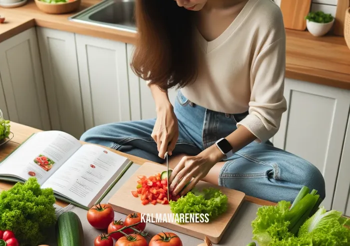 mindfully your cravings _ Image: A person preparing a colorful, wholesome salad in a well-organized kitchen, surrounded by ingredients, cutting boards, and a recipe book. Image description: Embracing the art of mindful cooking and nourishment.