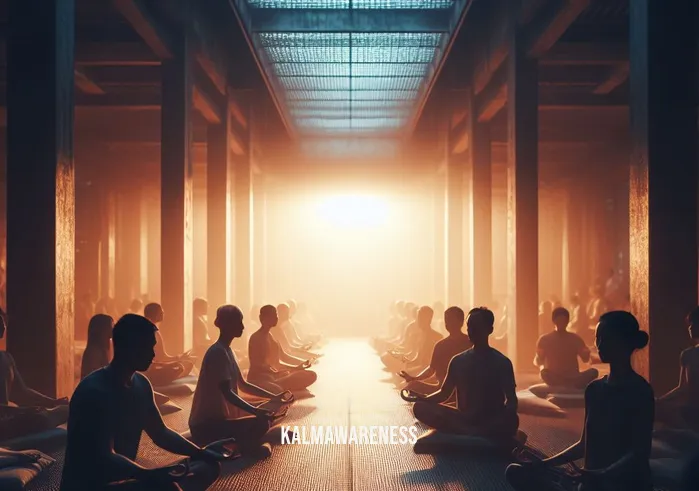 clear minds meditation club _ Image: A dimly lit room with people sitting cross-legged, eyes closed, and palms facing up. Image description: Inside a serene meditation space, participants sit peacefully, seeking solace from the urban hustle.