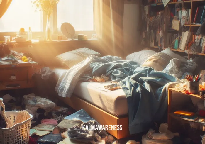 3 minute morning _ Image: A messy, cluttered bedroom with morning sunlight seeping through the curtains. Image description: A disorganized bedroom filled with scattered clothes, books, and clutter.