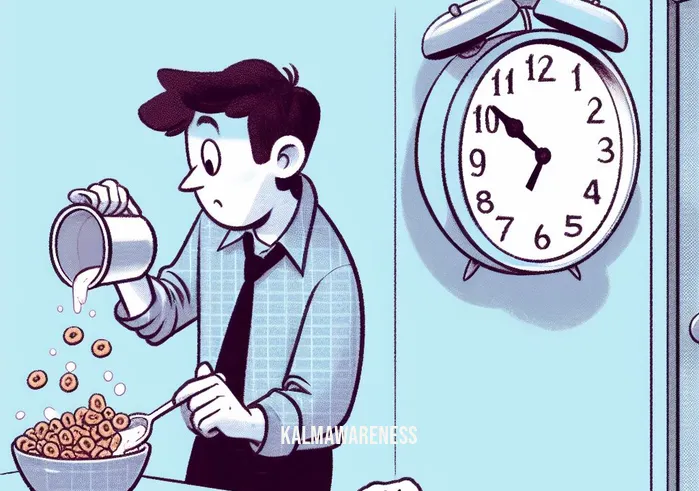 3 minute morning _ Image: A person pouring cereal into a bowl while glancing at a clock that reads "8:00 AM." Image description: Someone hastily pouring cereal into a bowl, realizing they