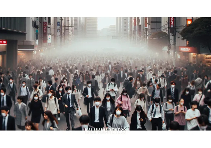begin with breath _ Image: A crowded city street with people rushing about, some wearing face masks, others not. The atmosphere is tense, and you can see a haze of pollution in the air.Image description: A bustling urban scene filled with commuters, some visibly struggling to breathe in the polluted air. A stark representation of the environmental issue at hand.