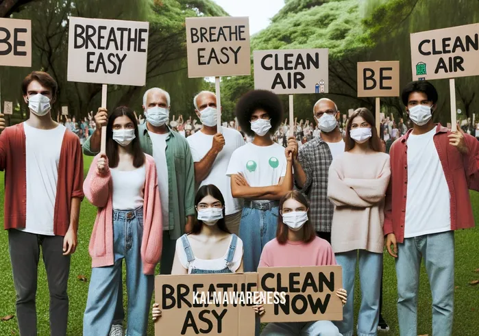 begin with breath _ Image: A group of activists gathered in a park, holding signs and wearing masks. They are participating in a clean air protest, advocating for change.Image description: A passionate assembly of activists, united in their cause for clean air. Their signs read slogans like "Breathe Easy" and "Clean Air Now."