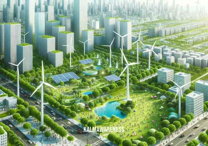 begin with breath _ Image: A city skyline with greenery and clean energy sources like wind turbines and solar panels. The air is noticeably clearer, and people are enjoying outdoor activities.Image description: A transformed urban landscape with renewable energy sources, a symbol of progress in reducing pollution and promoting clean, breathable air.