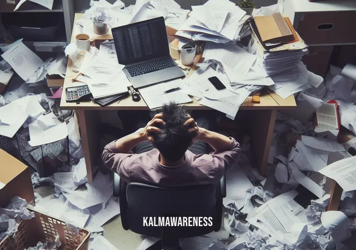 cultivate calm _ Image: A cluttered and chaotic workspace, with papers scattered everywhere and a stressed-looking person sitting amidst the mess.Image description: A cluttered office space with papers strewn across the desk, a disheveled chair, and a person with a furrowed brow surrounded by chaos.