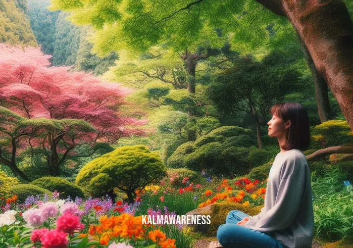 cultivate calm _ Image: A serene outdoor scene with a person sitting in a lush garden, surrounded by colorful flowers and trees, taking a deep breath with a relaxed expression.Image description: A person sitting peacefully in a vibrant garden, surrounded by blooming flowers, their eyes closed, and a contented smile as they inhale the fresh air.