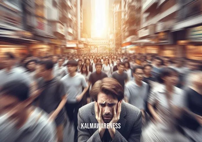 cultivate calm _ Image: A crowded and noisy city street with people rushing about, and a person in the midst of the crowd looking overwhelmed and anxious.Image description: A bustling urban street filled with hurried pedestrians, a person in the middle looking overwhelmed with a furrowed brow and a feeling of anxiety.