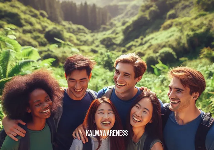 mindful in may _ Image: A group of friends enjoying a nature hike, surrounded by lush greenery, smiling and connecting with each other.Image description: A group of friends bonding during a peaceful nature hike, enveloped by vibrant green landscapes.