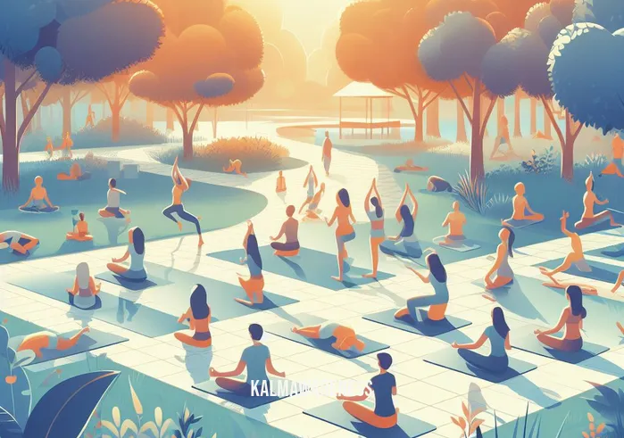 mindful in may _ Image: People gathered in a serene park, practicing yoga together, finding inner peace and balance in their lives.Image description: A community comes together in a serene park, engaging in a group yoga session, fostering harmony.