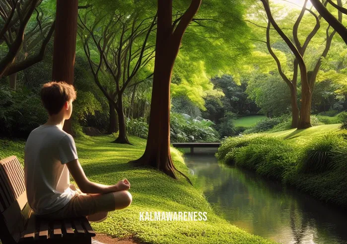 mindfulness books for teens _ Image: Teenager sitting cross-legged on a serene park bench, surrounded by tall trees and a gentle stream.Image description: A peaceful park scene with a teenager sitting cross-legged on a bench, surrounded by lush greenery, tall trees, and the soothing sound of a nearby stream.