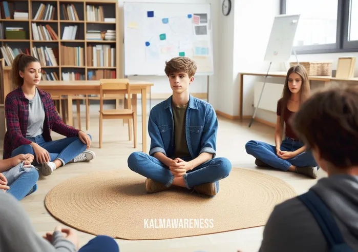 mindfulness books for teens _ Image: Teenager participating in a group mindfulness session at school, sitting in a circle with classmates.Image description: A classroom setting with a teenager seated in a circle with classmates, engaged in a group mindfulness session led by their teacher.