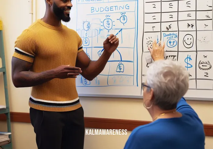 reggie ray _ Image: A community center with Reggie Ray attending a financial literacy workshop, actively engaging with a financial advisor who is explaining budgeting concepts on a whiteboard.Image description: Reggie Ray attentively participates in a financial literacy workshop at a local community center. A financial advisor stands in front of a whiteboard, illustrating budgeting concepts, while Reggie takes notes.