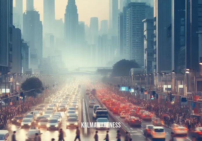 urban meditations _ Image: A bustling city street during rush hour, filled with people in a hurry, traffic jams, and a polluted skyline.Image description: Pedestrians are rushing past each other, cars are at a standstill, and the cityscape is obscured by smog.