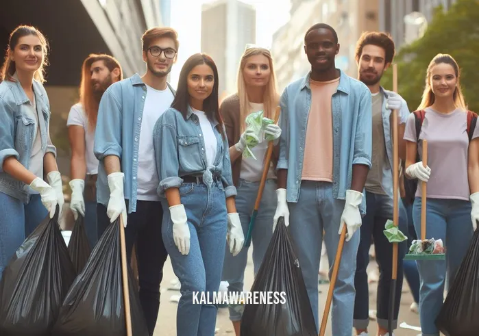 urban meditations _ Image: A group of diverse individuals participating in a city-wide clean-up initiative, picking up litter and restoring the urban environment.Image description: Volunteers are wearing gloves and carrying trash bags, united in their mission to beautify the city streets.