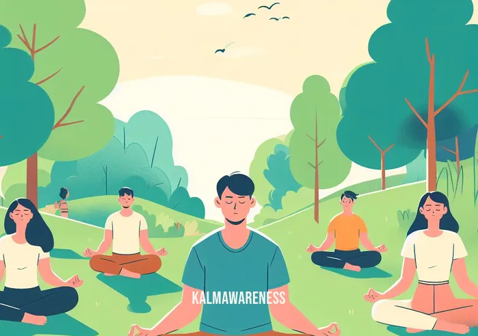 will kabat-zinn _ Image: A group of individuals sitting in a park, eyes closed, practicing mindfulness meditation. Image description: A peaceful park scene, people in various postures, meditating to find calm amidst the chaos.