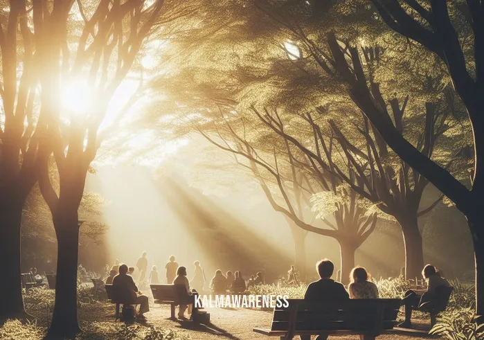 3 minute mindful breathing _ Image: A serene park, sunlight filtering through the trees, people sitting on benches.Image description: People in the park, taking a break from their hectic lives, sit peacefully, but their expressions still show signs of stress.