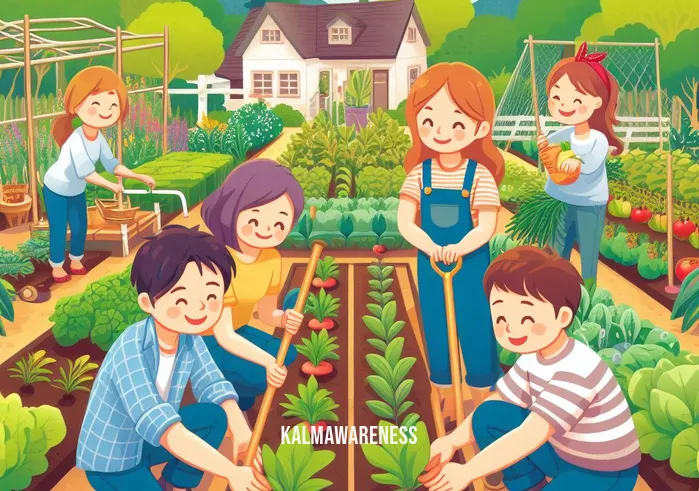 a mindful nation _ Image: A community garden where neighbors are working together to plant and tend to vegetables, fostering a sense of unity and cooperation.Image description: Neighbors in a community garden, happily collaborating to plant and care for vegetables, representing a harmonious and interconnected community through shared activities.