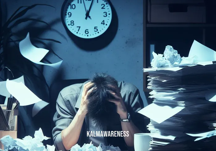 a mindfulness based stress reduction workbook _ Image: A cluttered desk with scattered papers, a stressed individual hunched over it, and a clock on the wall showing 3:00 AM.Image description: A person overwhelmed by work-related stress, surrounded by disarray and burning the midnight oil.