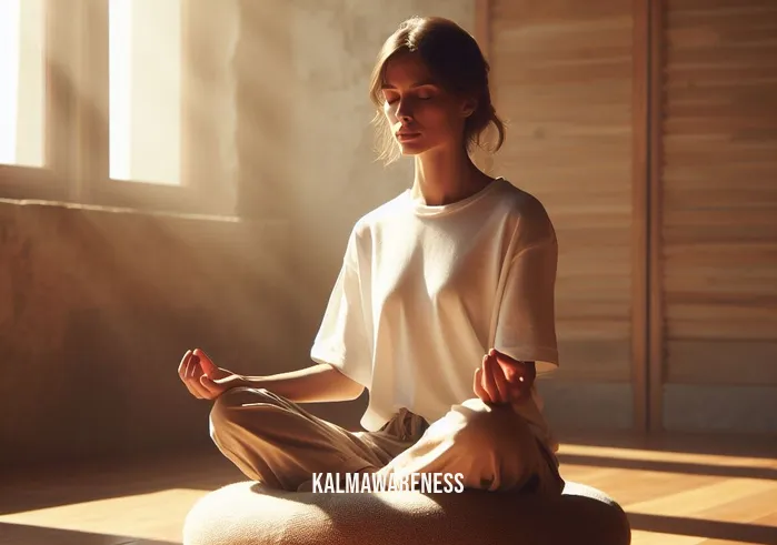 a mindfulness based stress reduction workbook _ Image: A serene, sunlit room with a person sitting cross-legged on a cushion, eyes closed, practicing mindfulness meditation.Image description: A peaceful moment of mindfulness meditation in a well-lit, tranquil space.