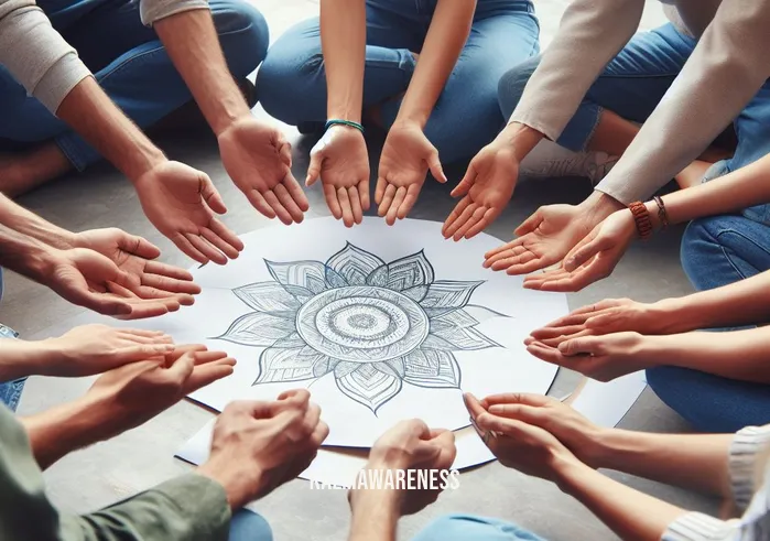 a mindfulness based stress reduction workbook _ Image: A group of people, hands joined in a circle, engaged in a mindfulness-based stress reduction workshop led by an instructor.Image description: Individuals participating in a mindfulness workshop, fostering a sense of community and support.