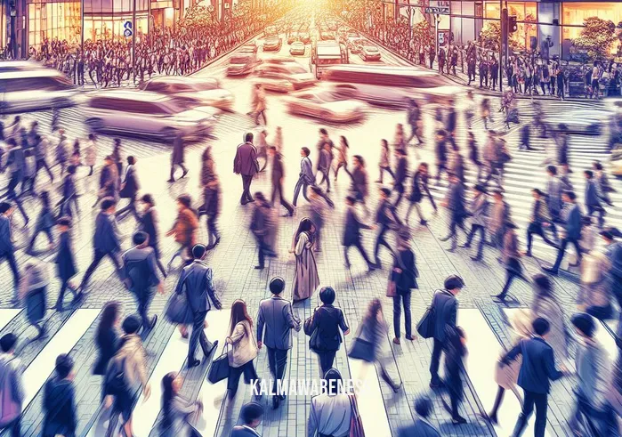 ak inner peace _ Image: A chaotic city street filled with rushing pedestrians and traffic, everyone appears stressed and hurried.Image description: Amidst the hustle and bustle of the city, people rush around, absorbed in their own worries and distractions.