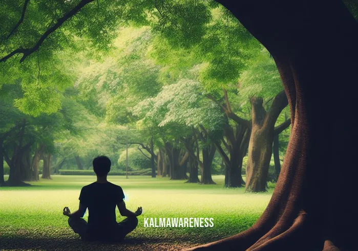 ak inner peace _ Image: A serene park setting with a person sitting cross-legged under a tree, eyes closed, in deep meditation.Image description: In the peaceful park, one individual has found solace, sitting in meditation beneath a tree, surrounded by nature