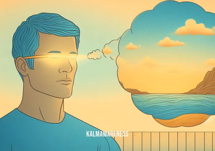 aphantasia and meditation _ Image: The same person now using visualization techniques, their face serene as they envision a calm beach scene. Image description: Slowly, they harness the power of their mind to visualize a serene beach, overcoming aphantasia