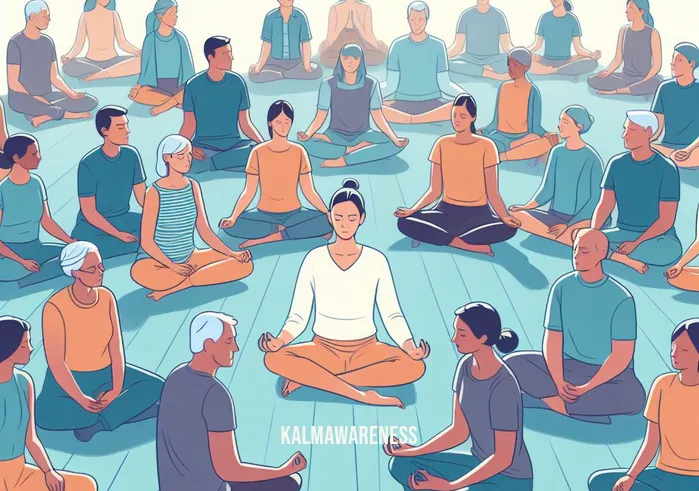 aphantasia and meditation _ Image: A group meditation class with participants in various poses, sharing a sense of tranquility. Image description: Joining a meditation group, the person with aphantasia finds solace in collective mindfulness practice.