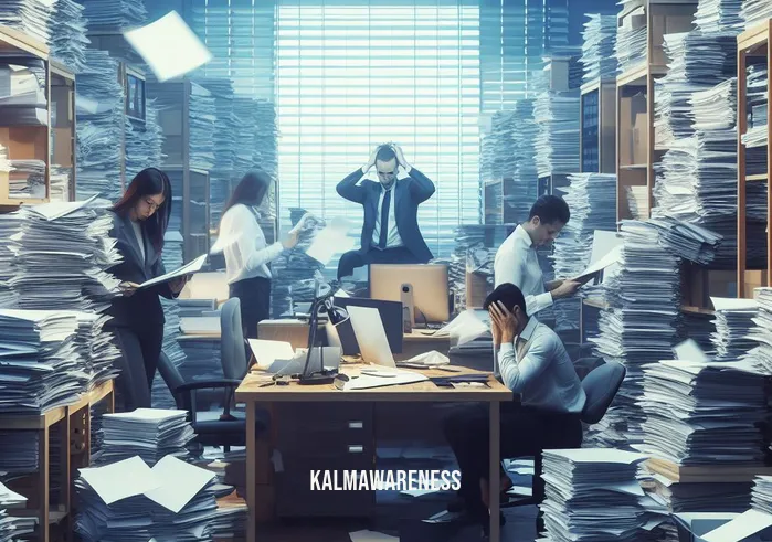 are your thoughts your own _ Image: A cluttered and chaotic office space with disorganized papers and stressed employees. Image description: Office workers look overwhelmed, stacks of unfiled documents, and a sense of frustration in the air.