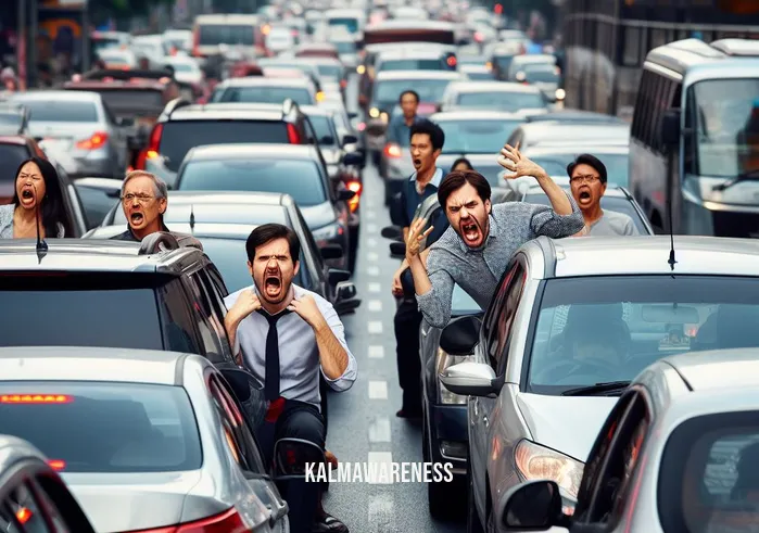 auto compasion _ Image: A busy city street during rush hour, with cars bumper-to-bumper, frustrated drivers honking horns.Image description: A congested urban road, with stressed commuters trapped in their vehicles, their faces showing impatience and annoyance.