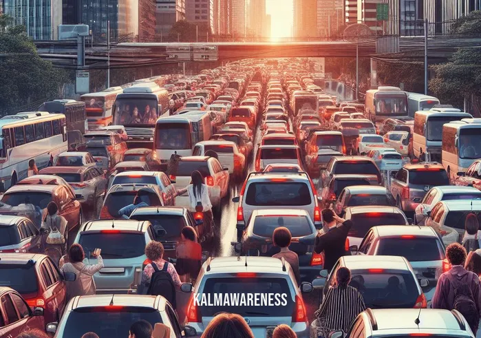 auto confiantioa _ Image: A crowded urban street during rush hour, filled with frustrated commuters stuck in traffic.Image description: Cars gridlocked in bumper-to-bumper traffic, horns blaring, and commuters looking stressed and impatient.