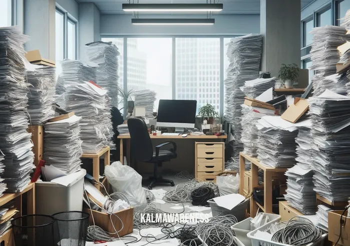 aware of awareness _ Image: A cluttered and chaotic office space with papers strewn everywhere, representing disorganization and stress. Image description: The office is in disarray, symbolizing a lack of awareness of one