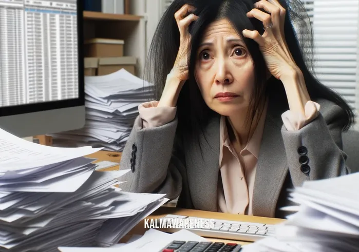aware of awareness _ Image: A person sitting at their desk, looking overwhelmed and confused while surrounded by unfinished work. Image description: The individual appears lost and burdened by their workload, highlighting the need for self-awareness and prioritization.