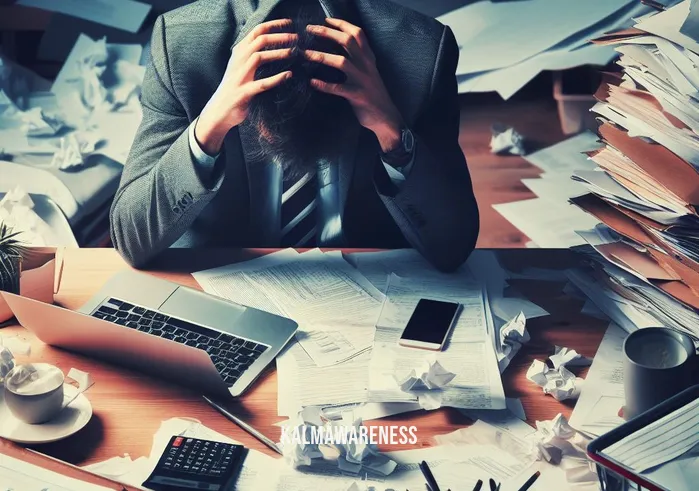becoming conscious the science of mindfulness _ Image: A cluttered desk with scattered papers and a stressed person in front. Image description: A cluttered desk with scattered papers and a stressed person in front.