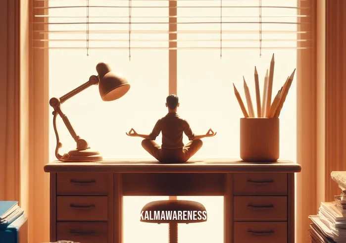 becoming conscious the science of mindfulness _ Image: The same desk, now with a person practicing mindfulness, calmly meditating. Image description: The same desk, now with a person practicing mindfulness, calmly meditating.