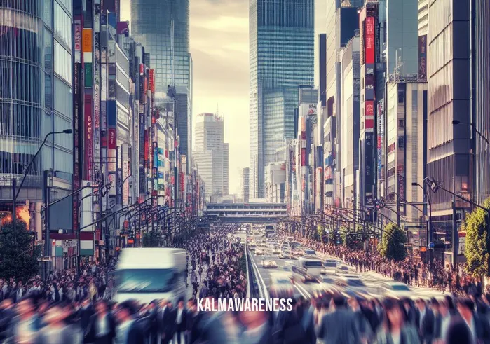 becoming conscious the science of mindfulness _ Image: A bustling city street with people rushing and looking anxious. Image description: A bustling city street with people rushing and looking anxious.