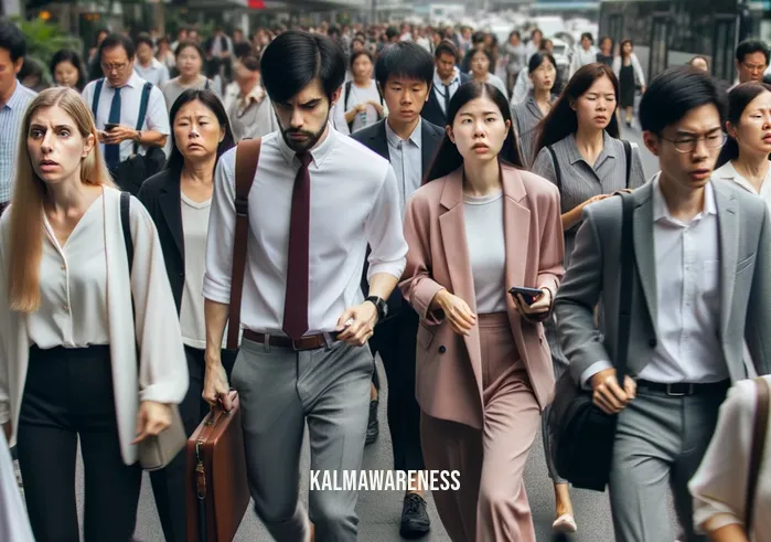 being gentle _ Image: A crowded city street during rush hour. Image description: People in a hurry, jostling each other, showing signs of stress and impatience.